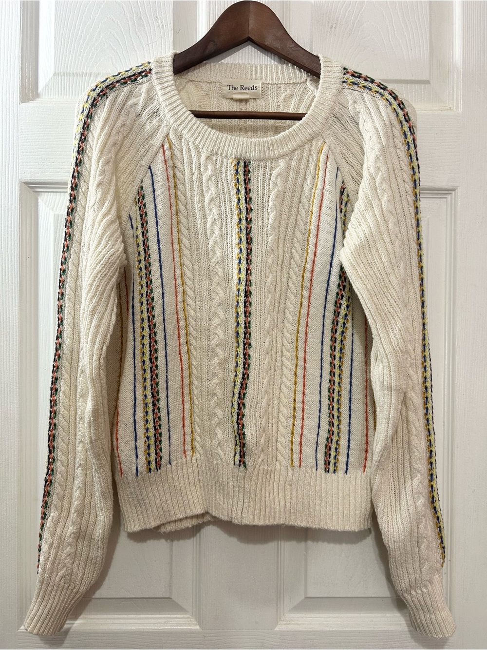 The Reeds x J.Crew Rainbow Cable Knit Crewneck Sweater Ivory L Cottagecore